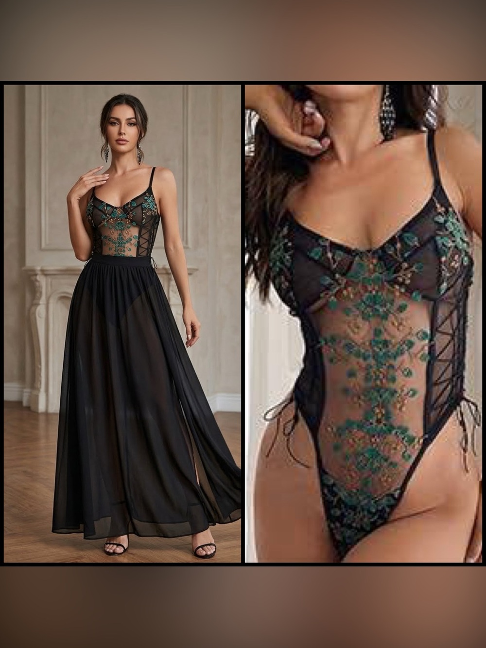 Embroidered Mesh Lace-Up Corset Bodysuit Black Sheer Romantic Whimsigoth Size L